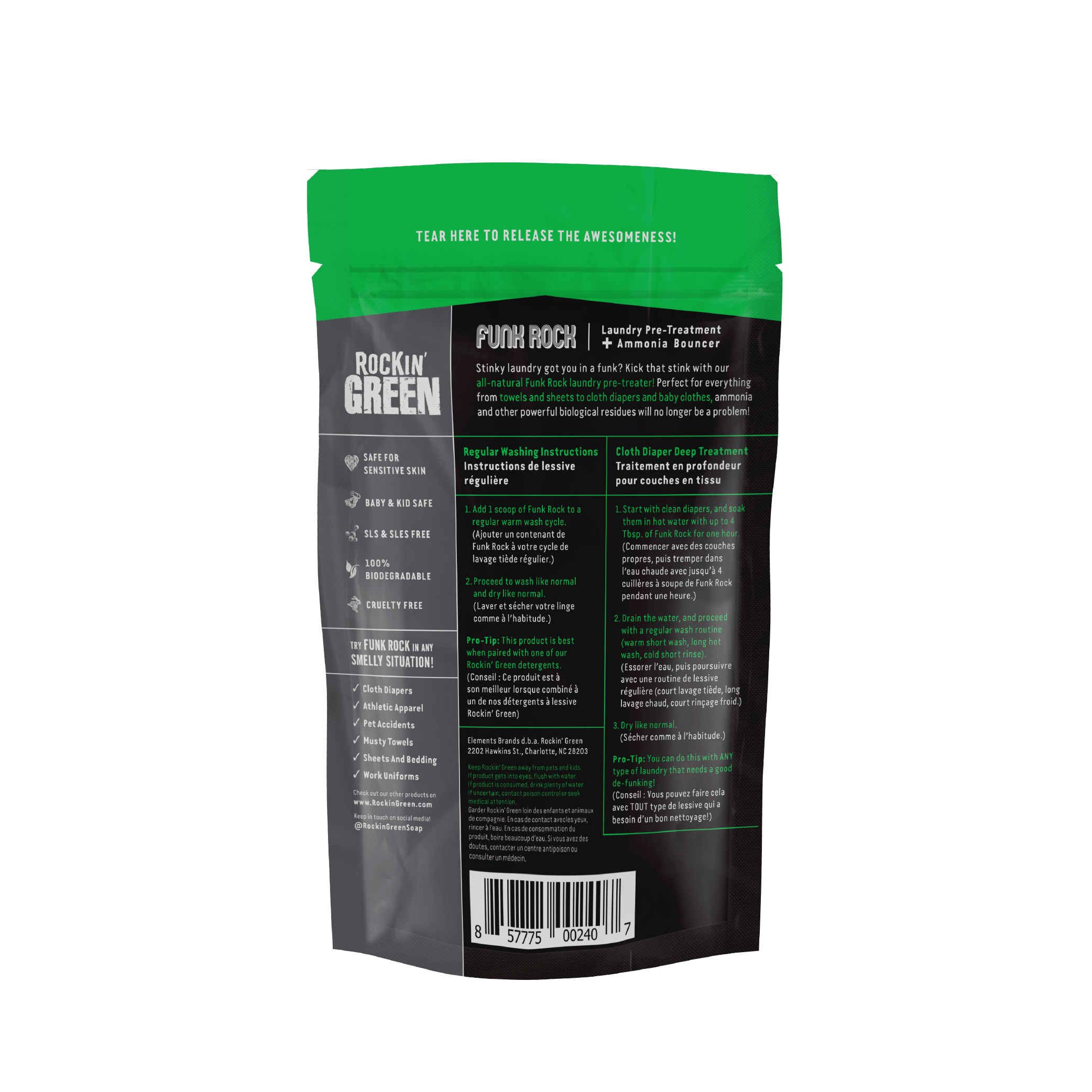 Back of Funk Rock Ammonia Bouncer pouch by Rockin Green with product details and instructions.
