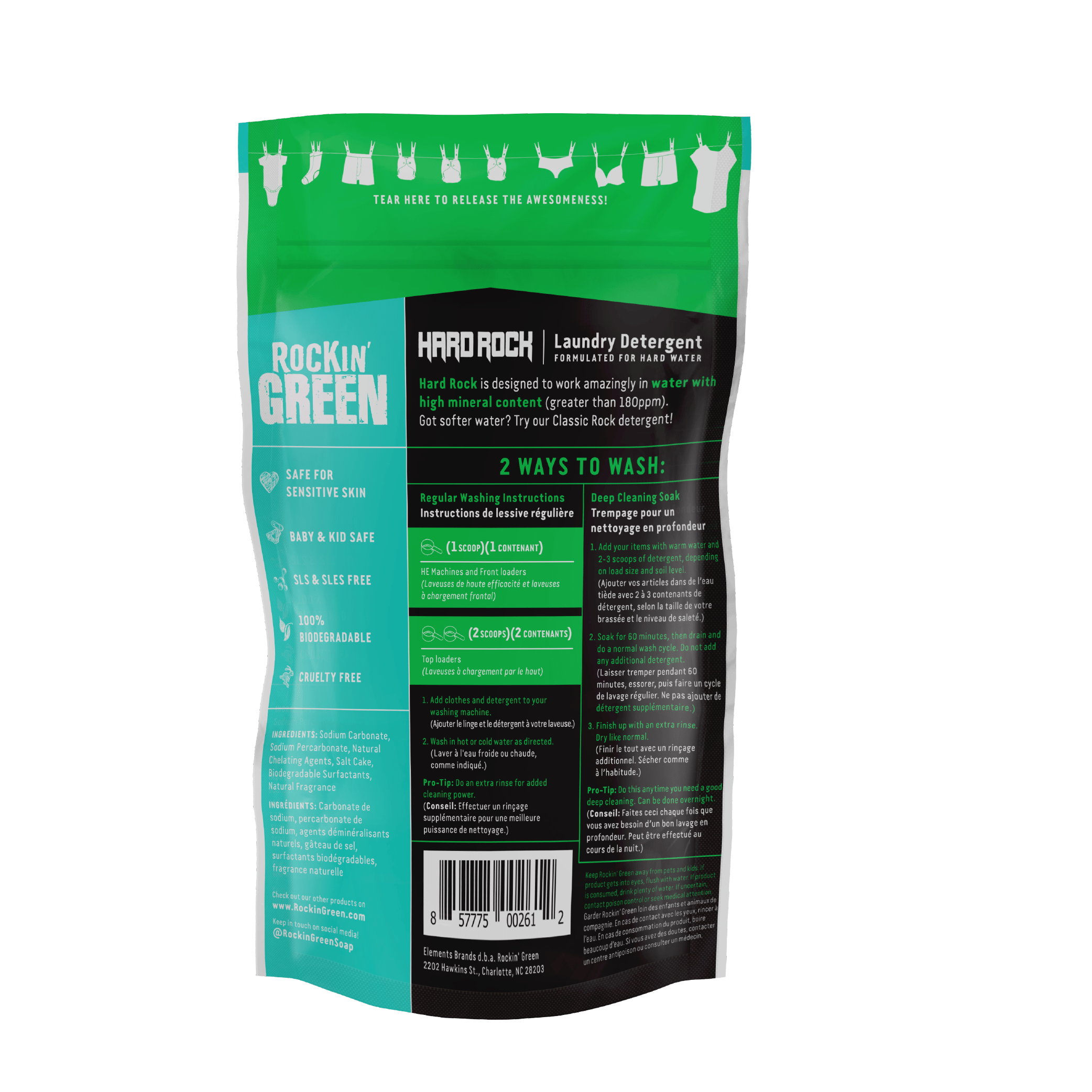 Back of Rockin Greens vegan & cruelty-free Hard Rock Laundry Detergent - AC/DSea Breeze with instructions.