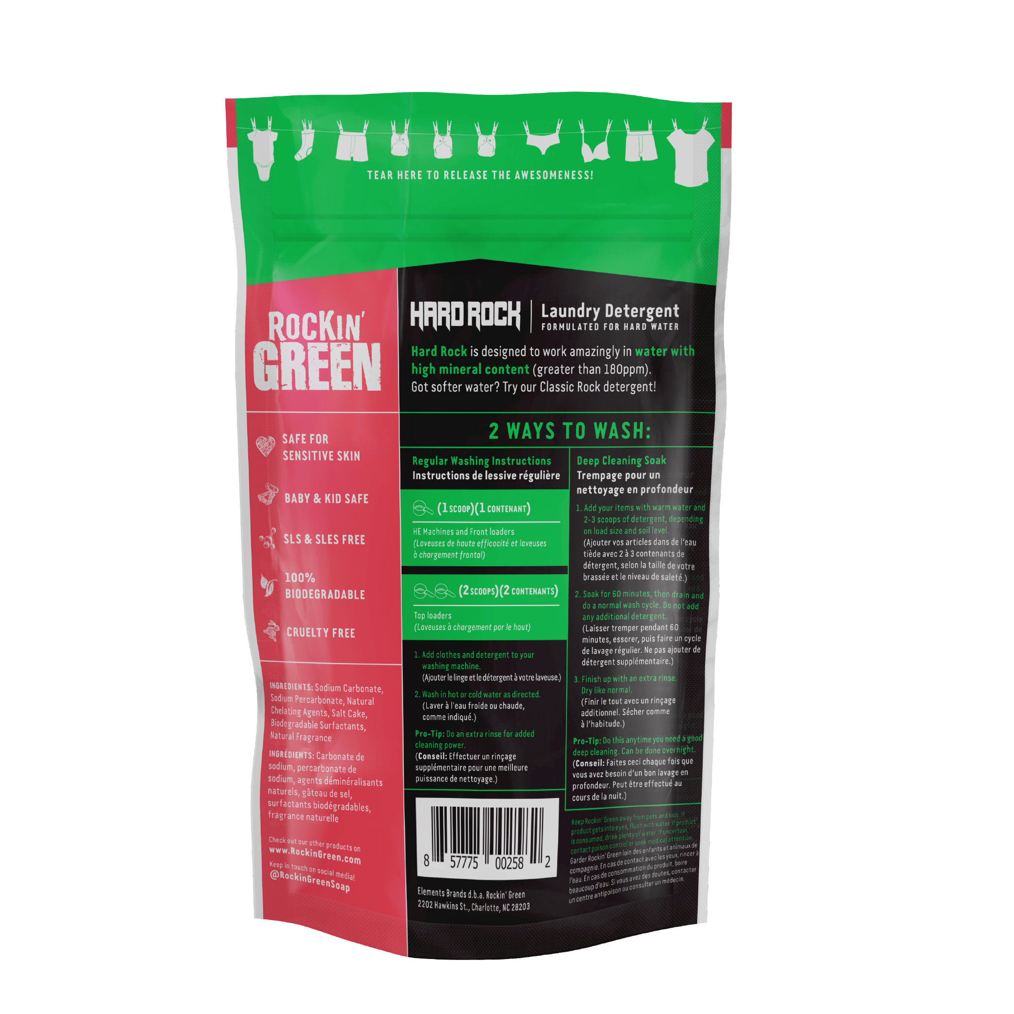 Back of Rockin Green Hard Rock Laundry Detergent Smashing Watermelons (90 loads) with plant-based guide.