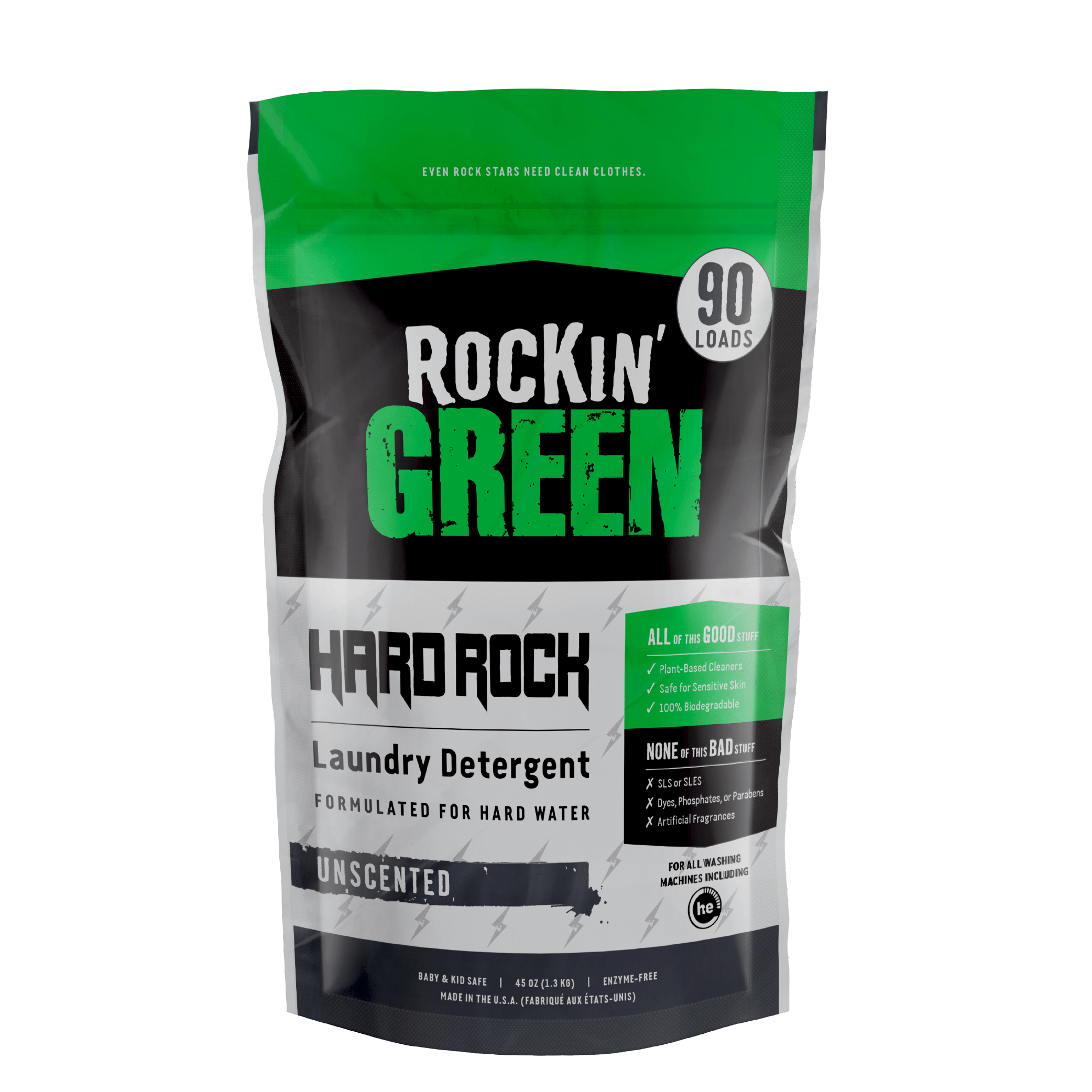 Rockin Greens Hard Rock Laundry Detergent, Unscented, ideal for hard water, provides 90 loads per pack.