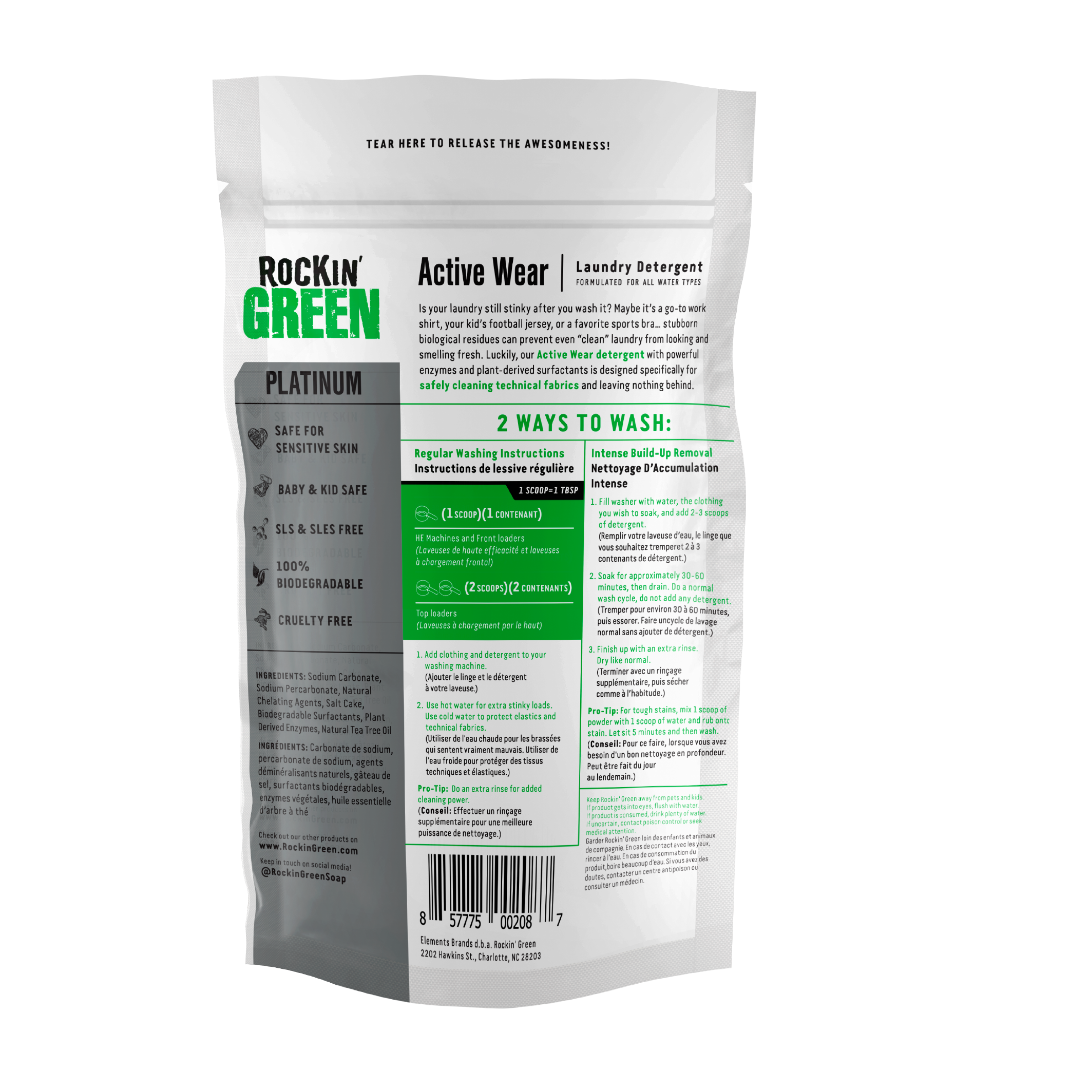 Back of Rockin Green Active Wear Detergent Platinum Series bag with plant-based enzymes and usage instructions.