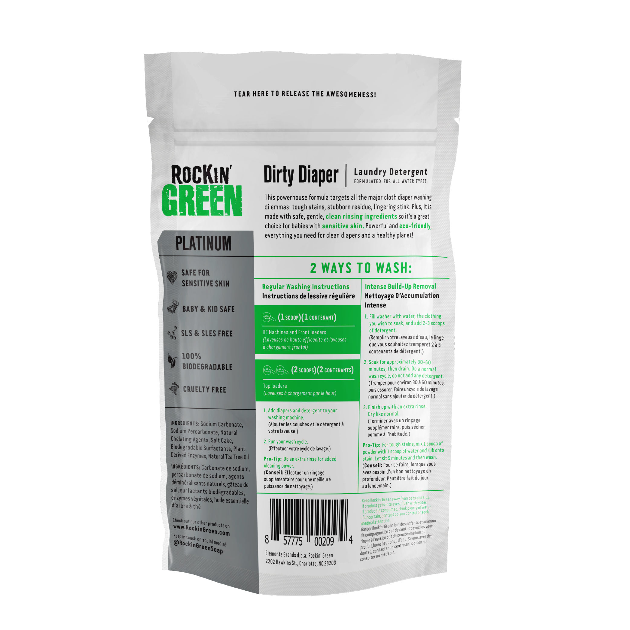 Rockin Green Dirty Diaper Detergent Platinum Series with plant-based ingredients and washing guide included.