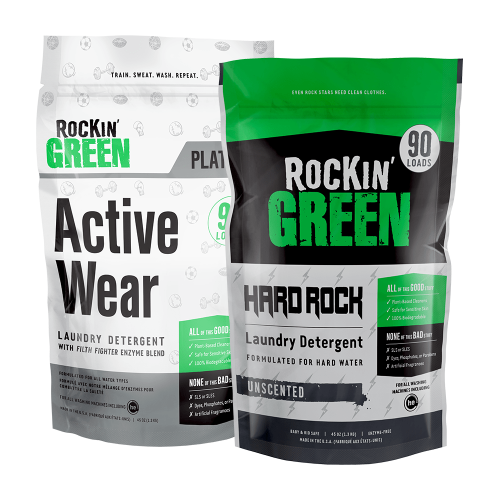 Two Rockin Green Lets Get Physical bundles for hard water, each handling 90 loads.