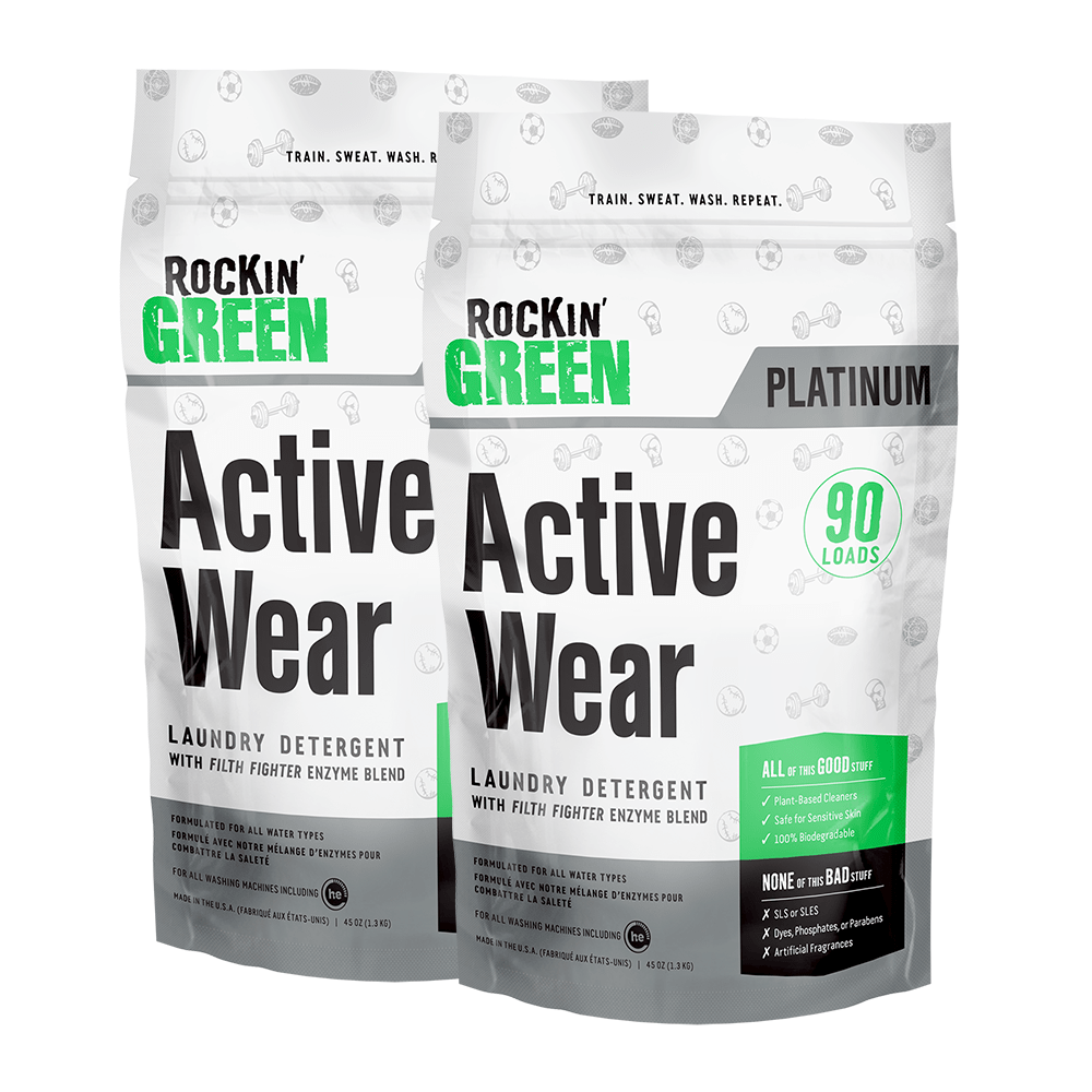 Rockin Green Platinum Series Active Wear Two Pack, plant-powered and hypoallergenic for 90 loads.