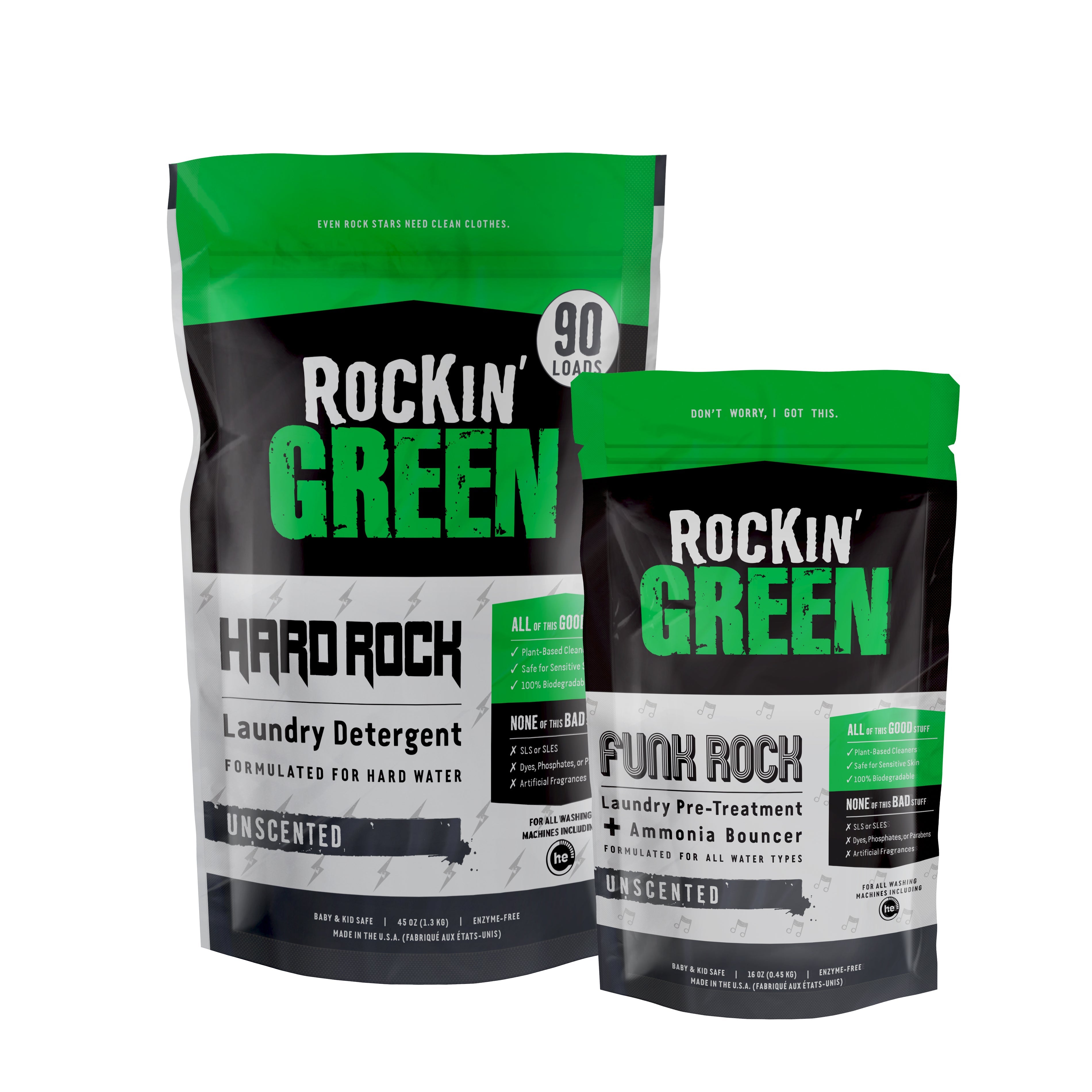 Two Rockin Green natural detergents: Puptown Funk for Hard Water & Funk Rock, both unscented.