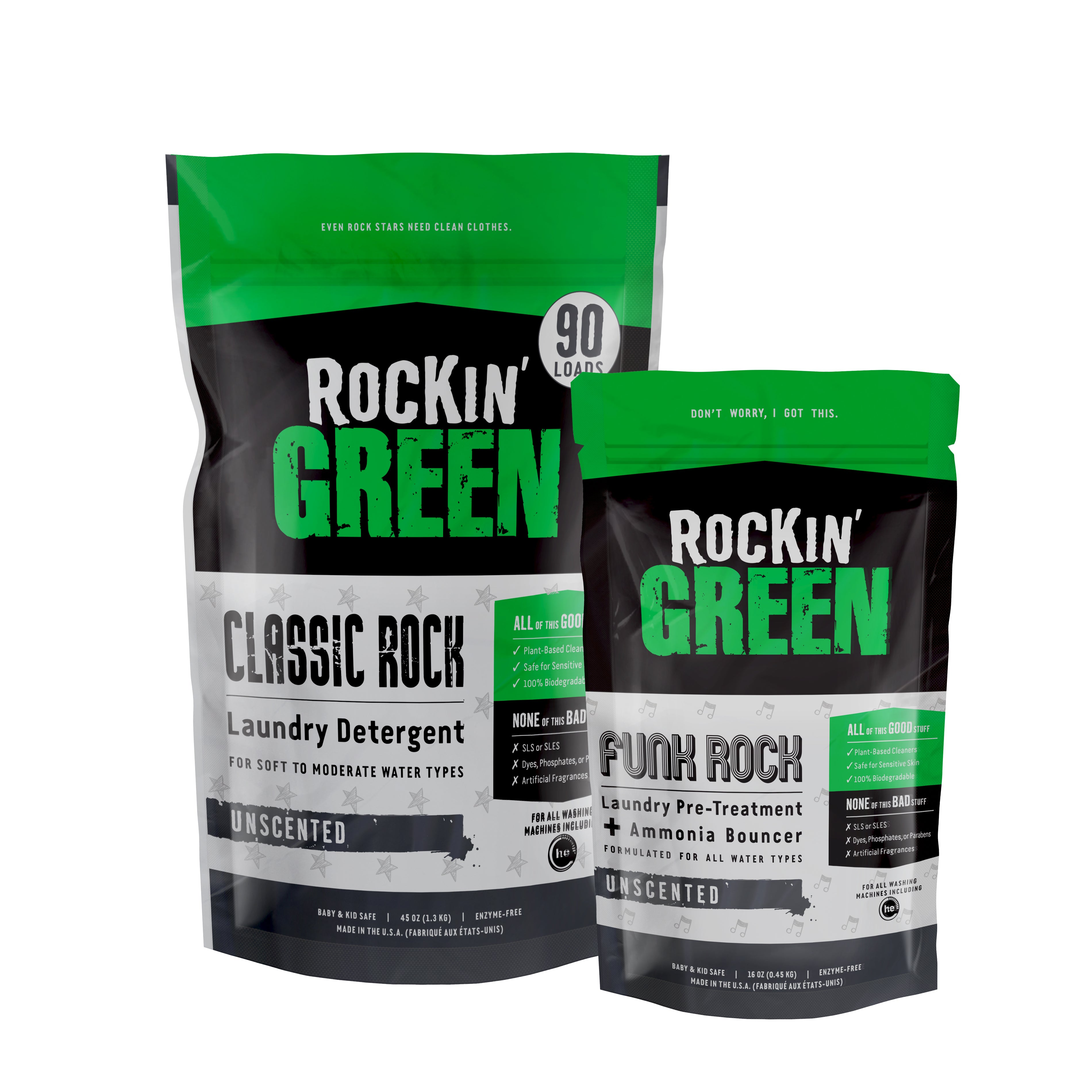 Two bags of Rockin Green detergent, Classic Rock and Puptown Funk for Normal Water, on display.