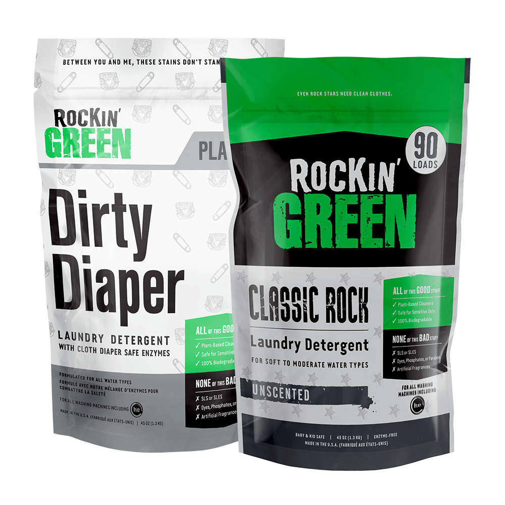Two bags of Rockin Green Sweet Child O Mine detergent: perfect hypoallergenic choice for cloth diapers.